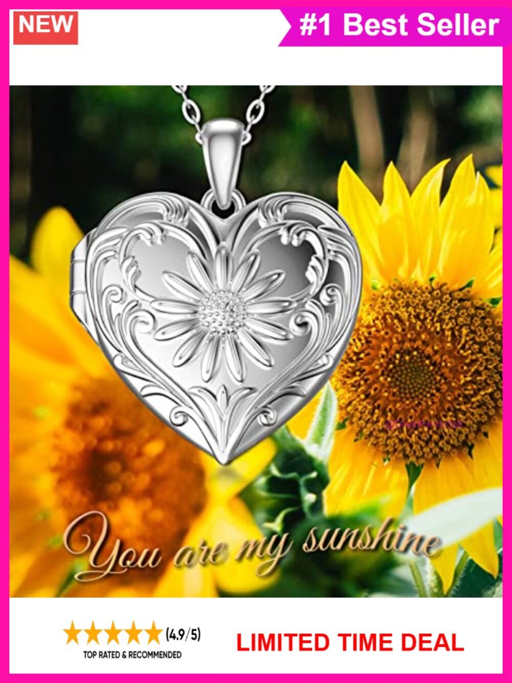 Sunflower Photo Locket Necklace 18k White Gold Plated Silver 10K Chain - Picture 5 of 6
